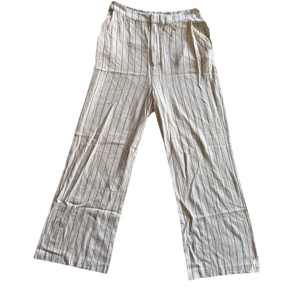 Avec Les Filles Pinstripe Pants Womens 8 Wide Leg Linen Blend High Rise Cream